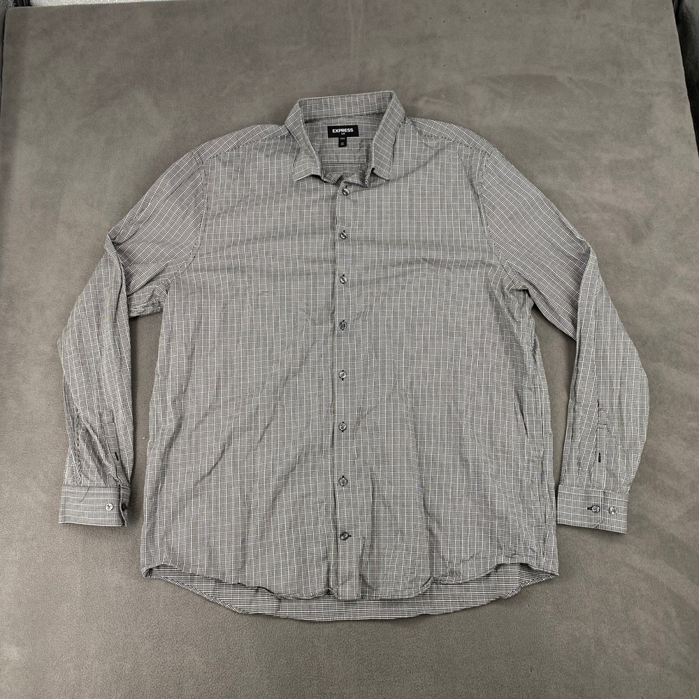 Express Slim Mens XXL Tall Black White Micro Check Long Sleeve Button Down Shirt